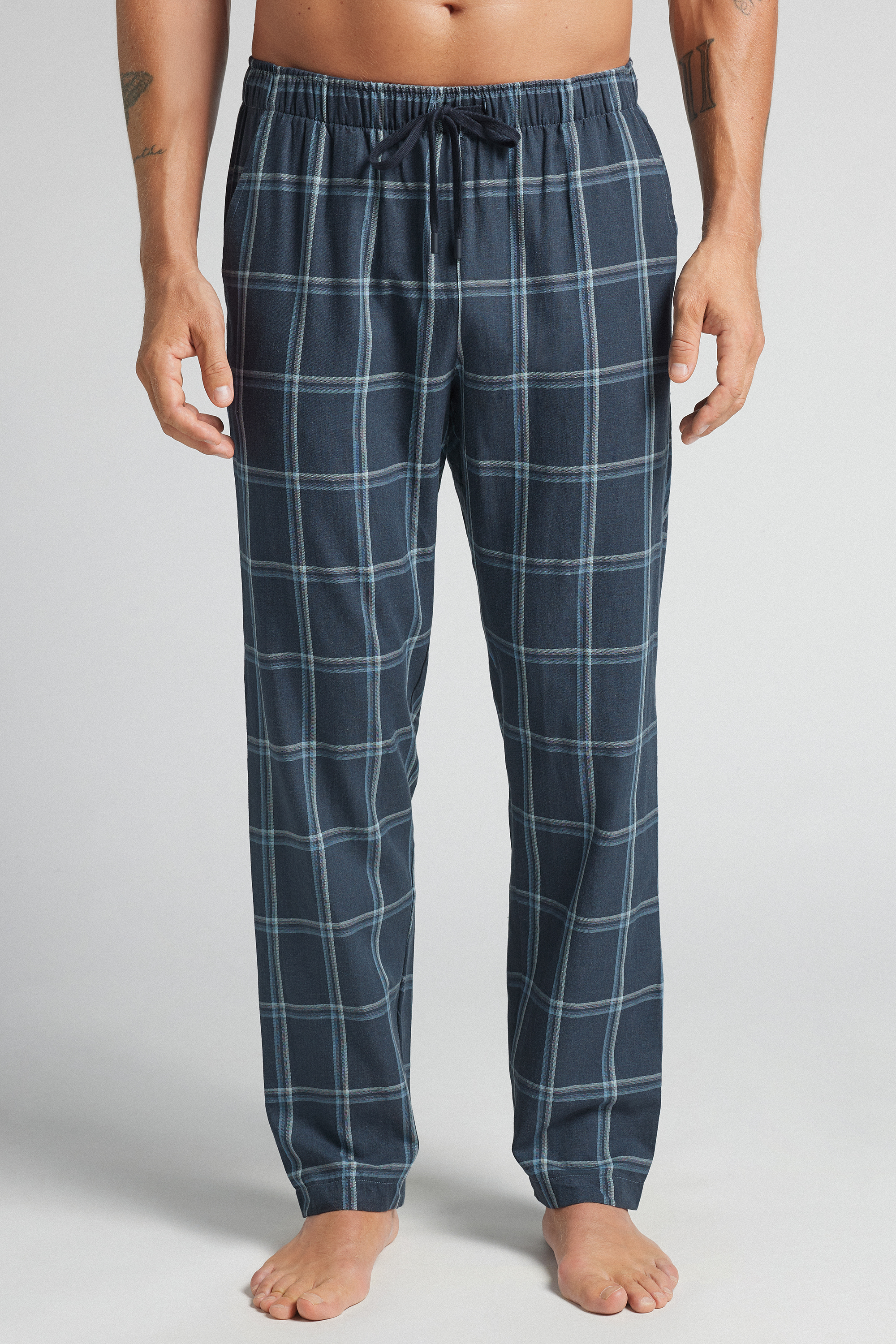 Pantalone Lungo in Tela Stampa Check Denim