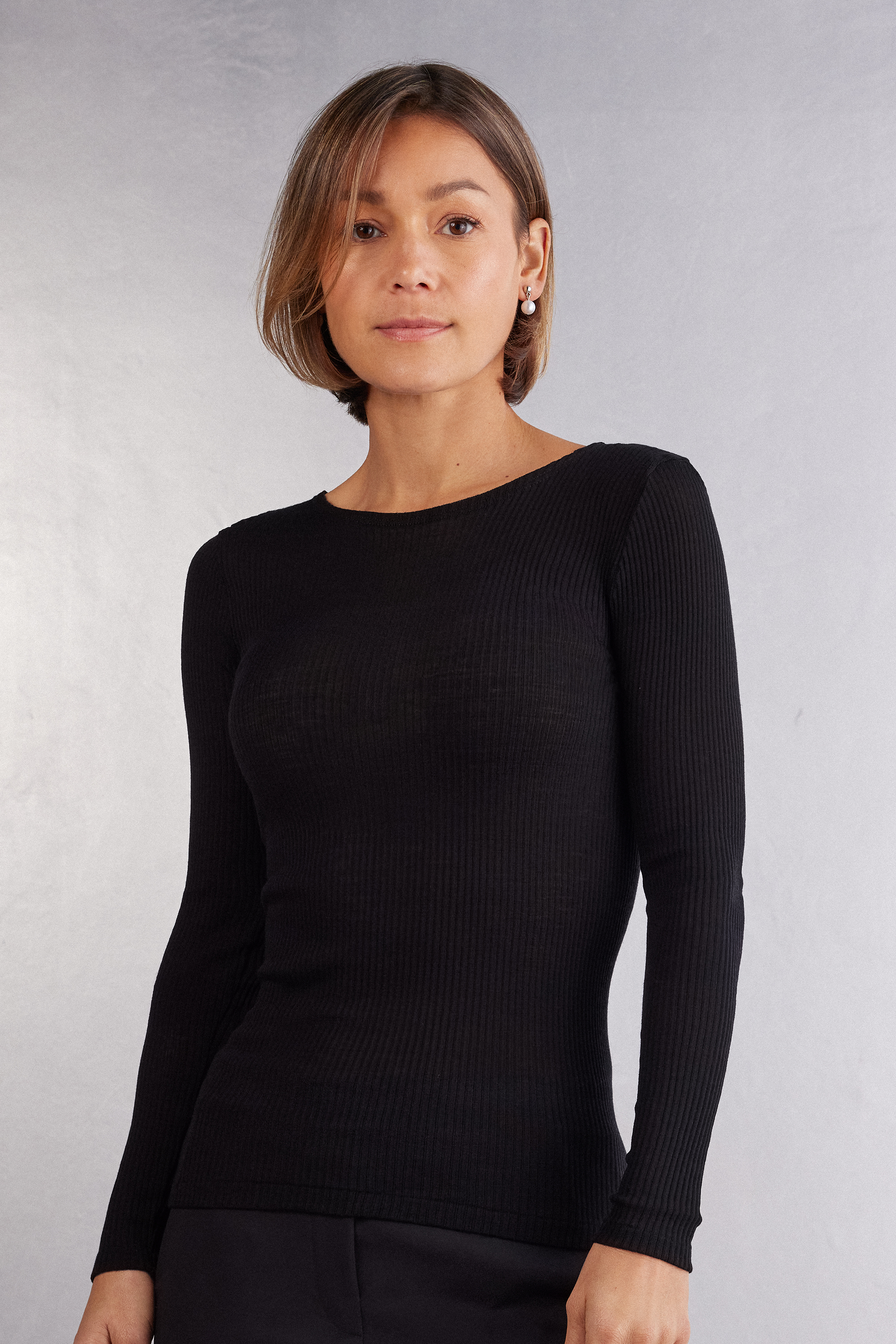 Maglia Manica Lunga a Girocollo Ampio in Lana e Seta