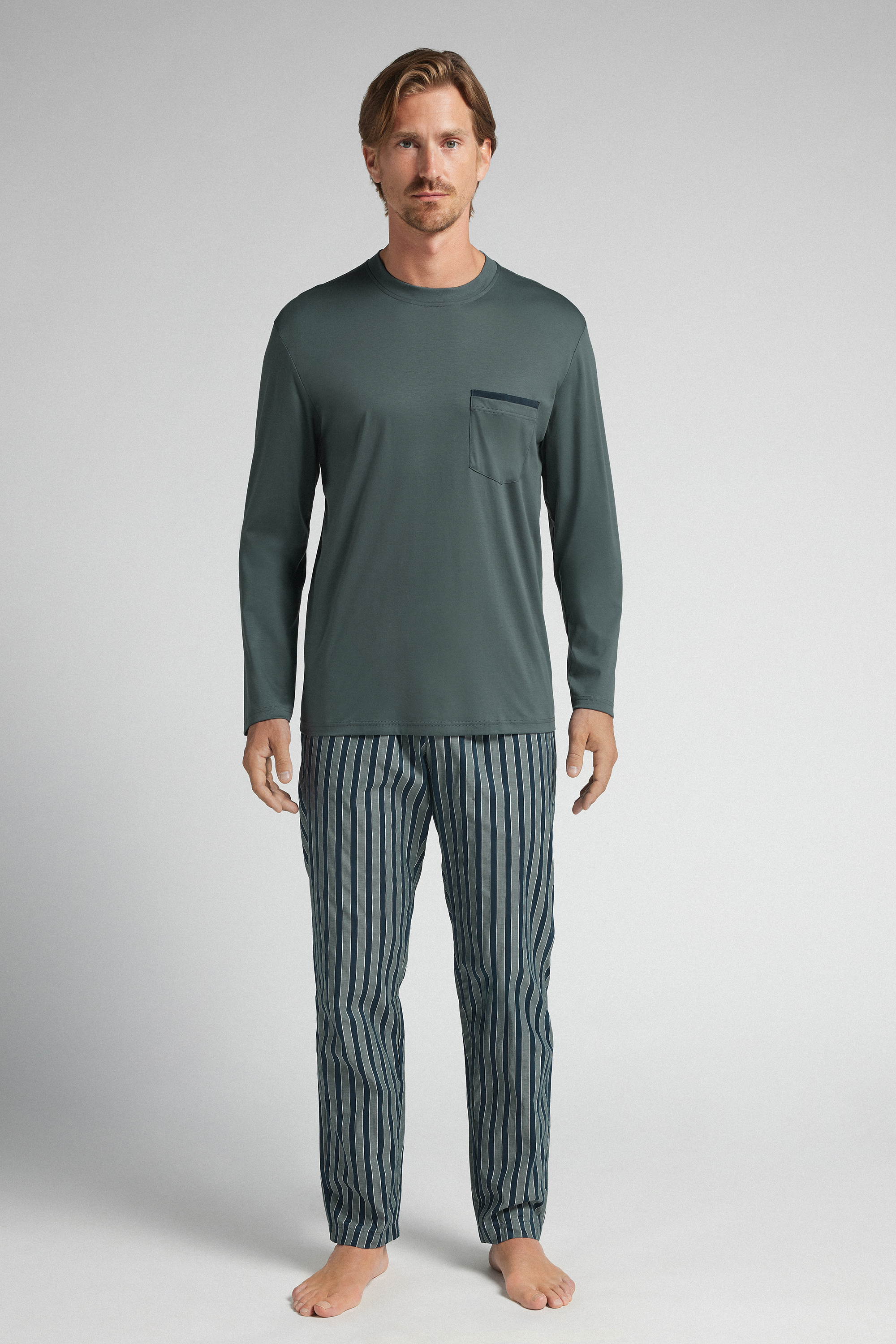 Pigiama Lungo in Cotone Premium Mercerizzato e Tela Stampa Righe