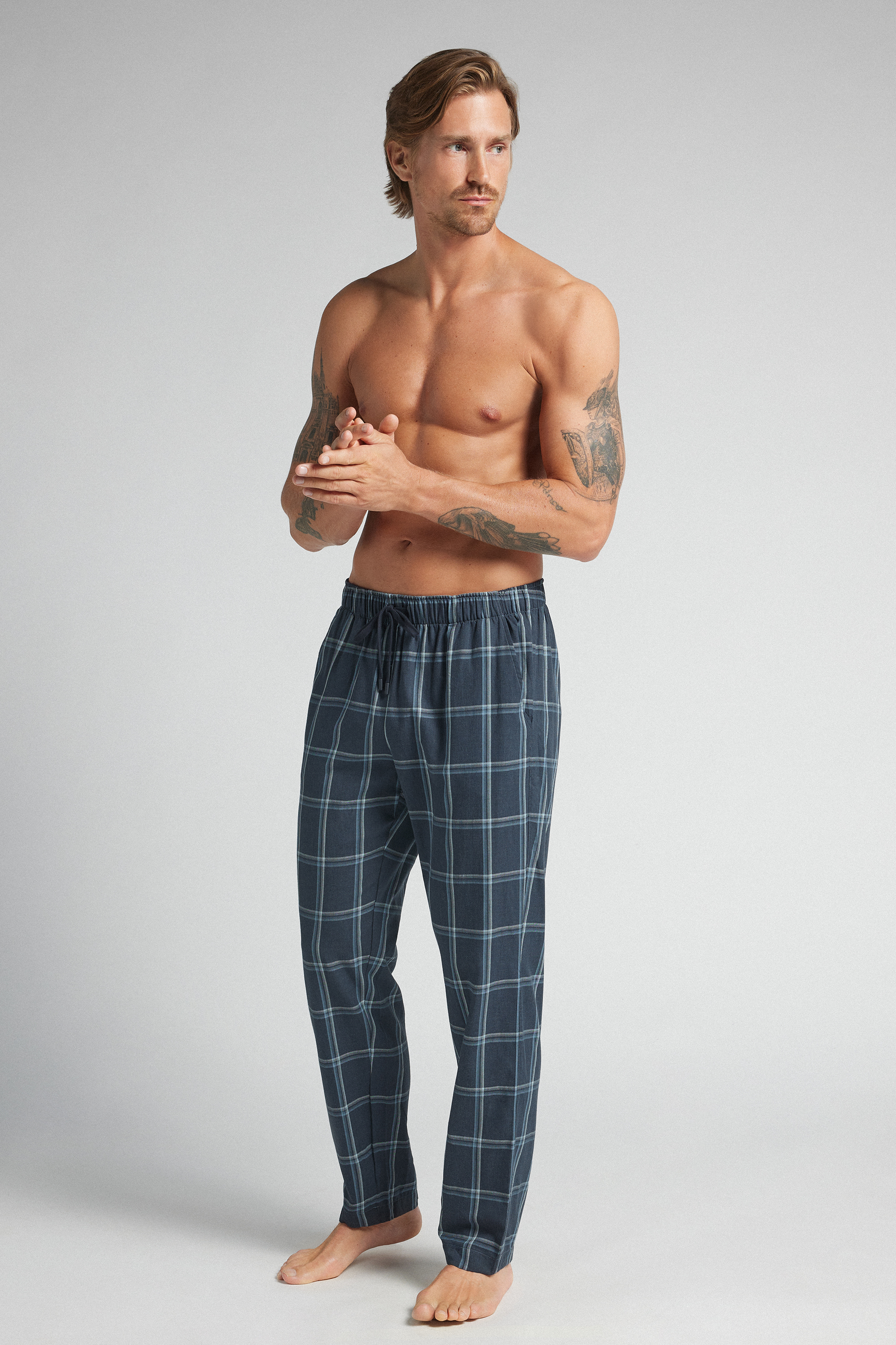 Pantalone Lungo in Tela Stampa Check Denim