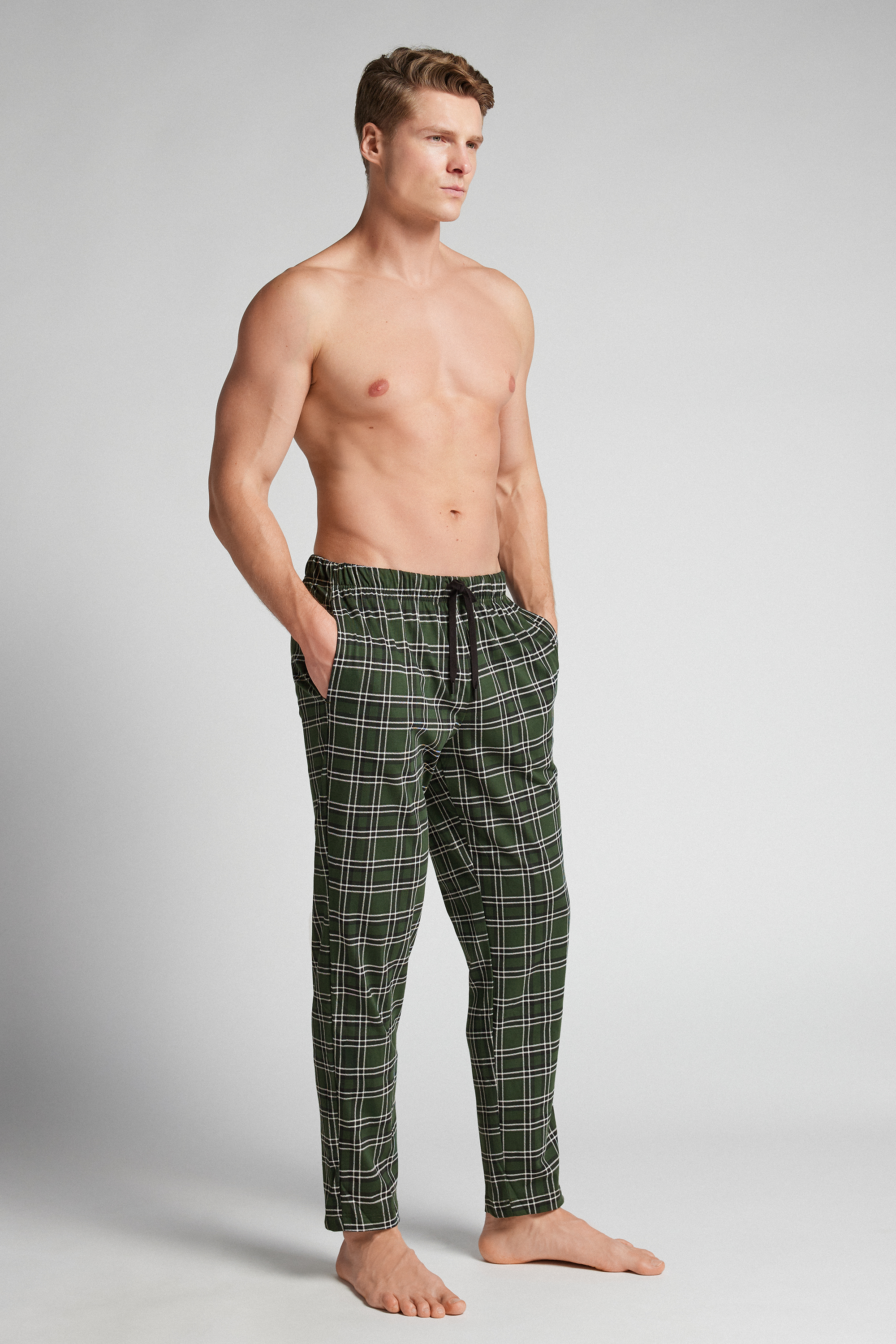 Pantaloni Lunghi in Cotone Stampa Check Verde