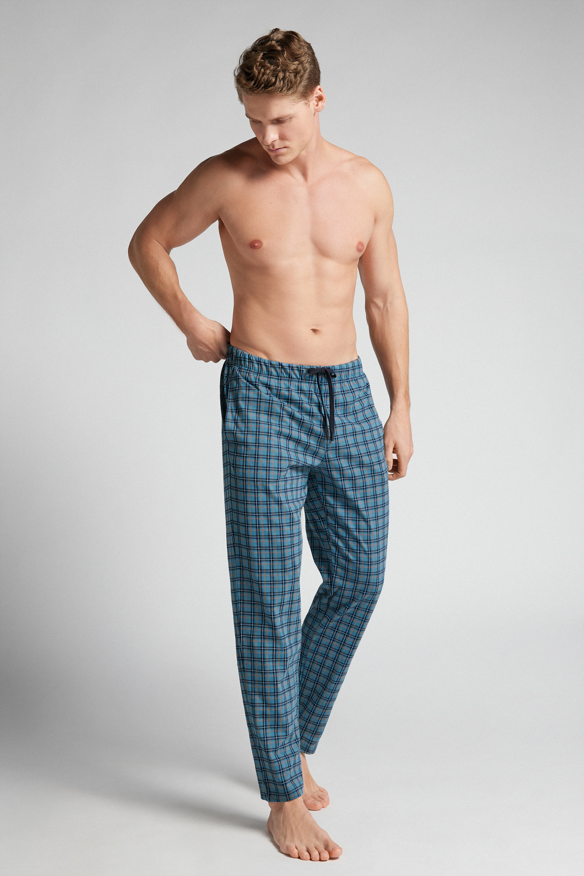 Pantaloni Lunghi in Cotone Stampa Check Azzurro