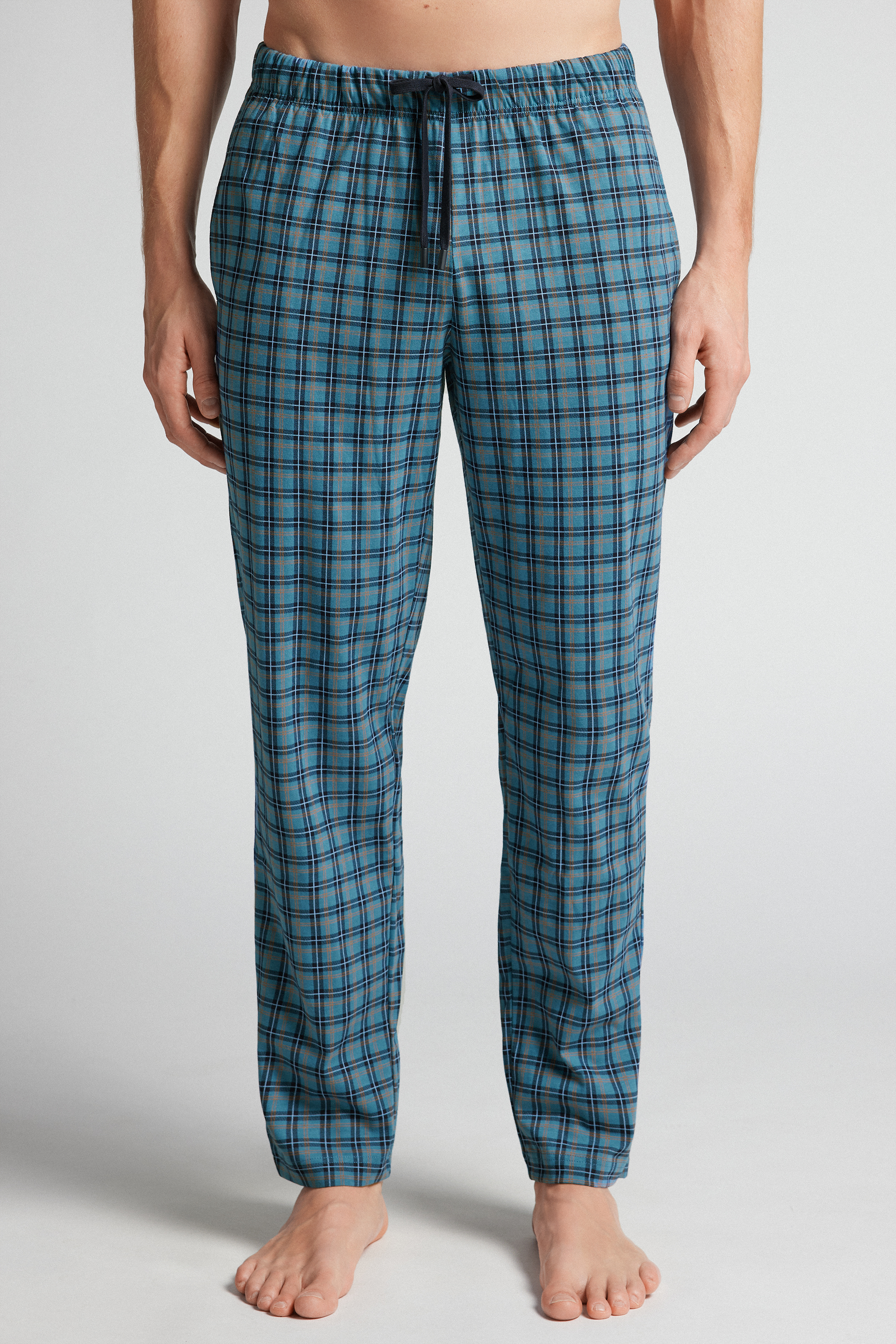 Pantaloni Lunghi in Cotone Stampa Check Azzurro