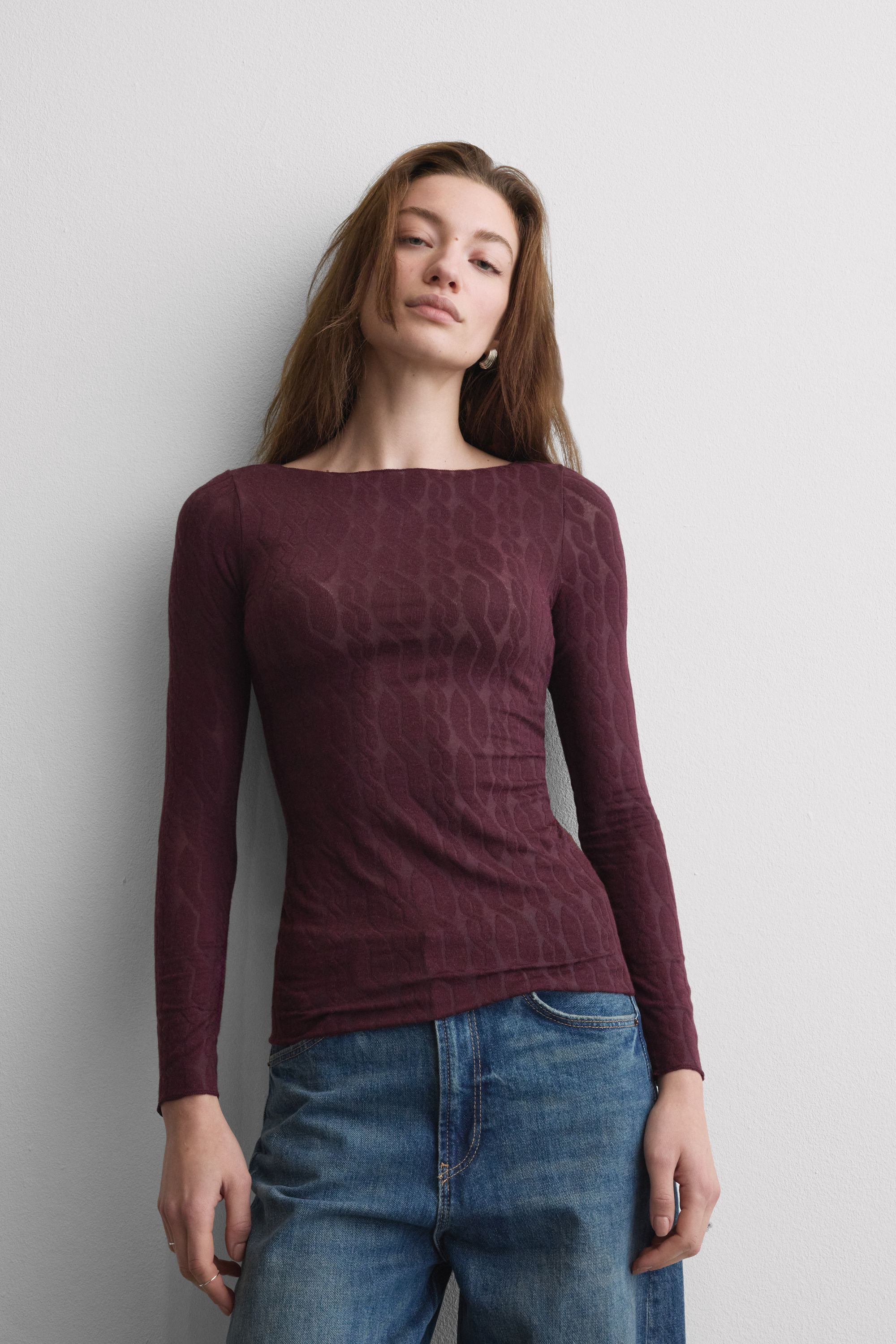 Maglia Scollo a Barchetta Treccia in Ultralight con Cashmere