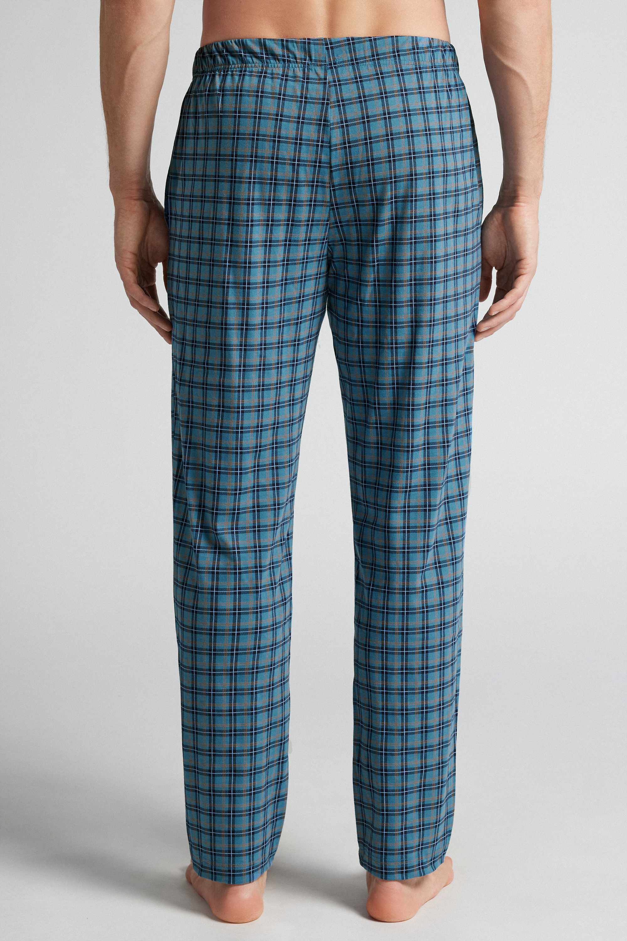 Pantaloni Lunghi in Cotone Stampa Check Azzurro