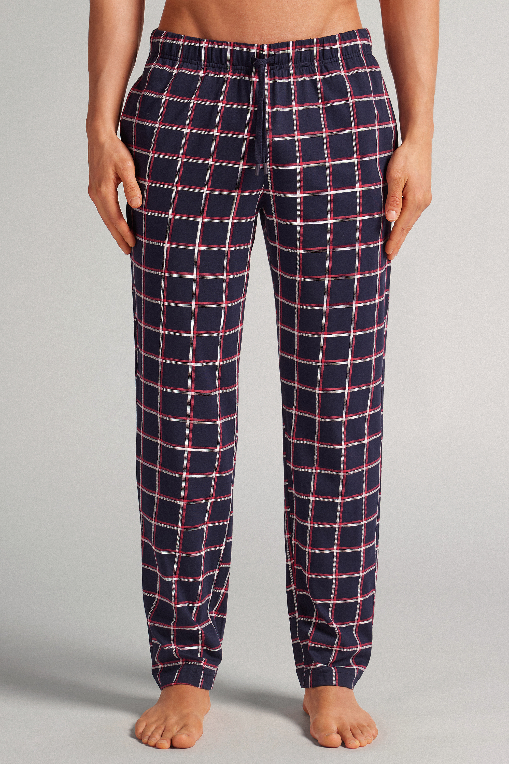 Pantaloni Lunghi in Cotone Stampa Check Blu/Bianco/Rosso