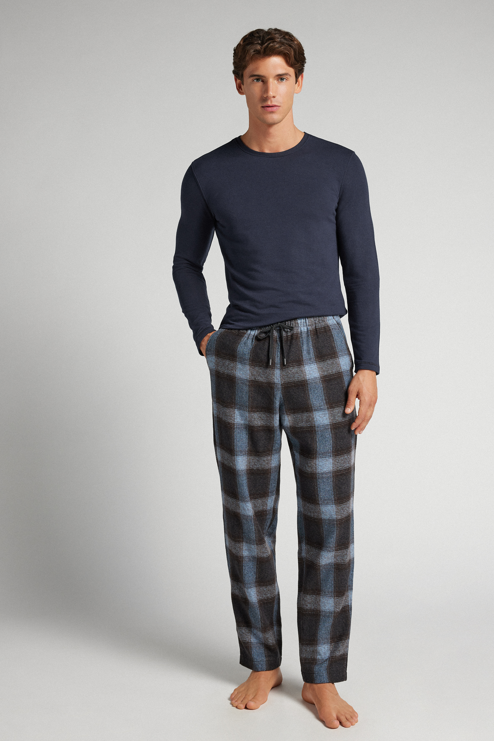 Pantaloni Lunghi in Maglia Stampa Check Blu