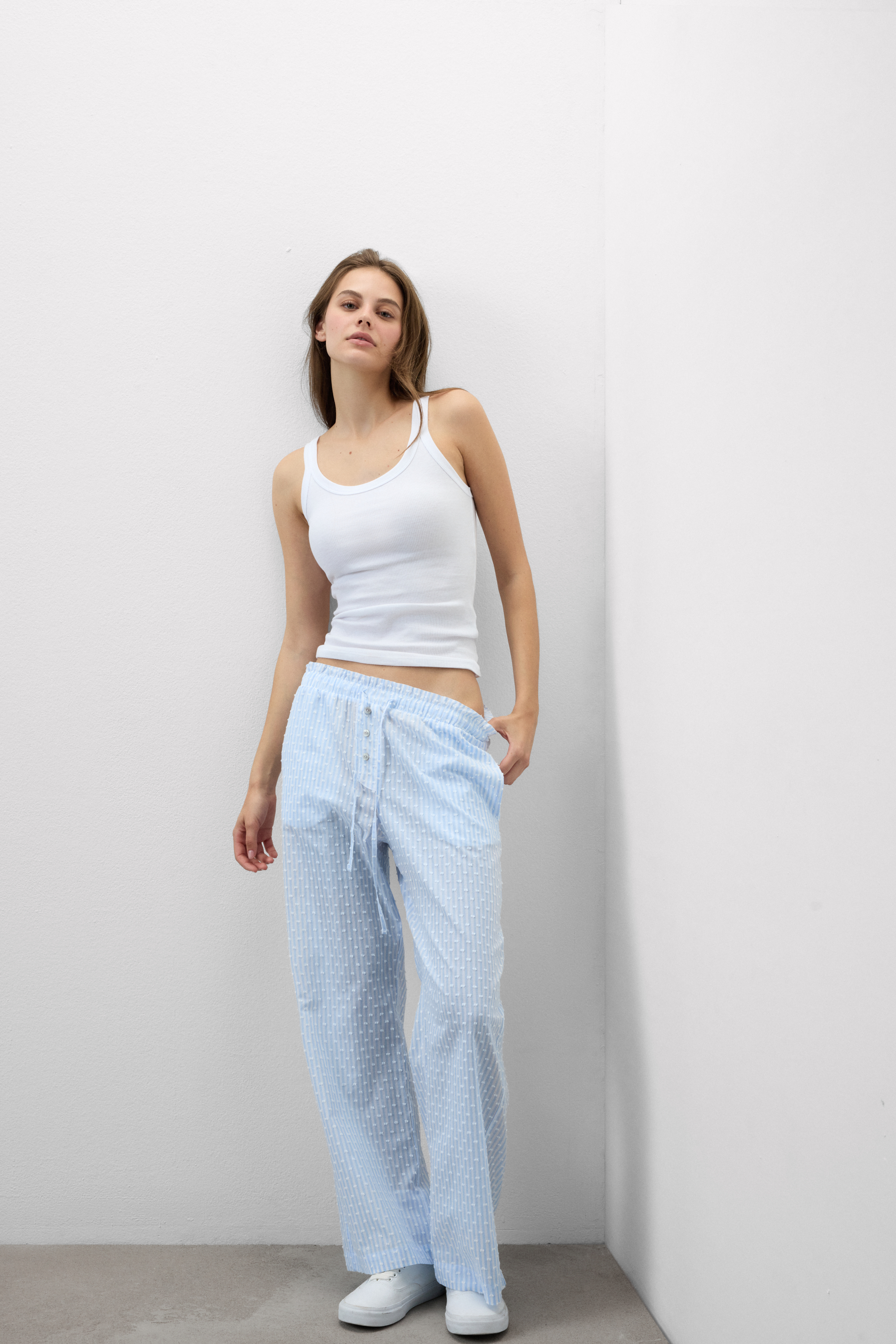 Pantaloni in Tela di Cotone Plumetis Romantic Stripes