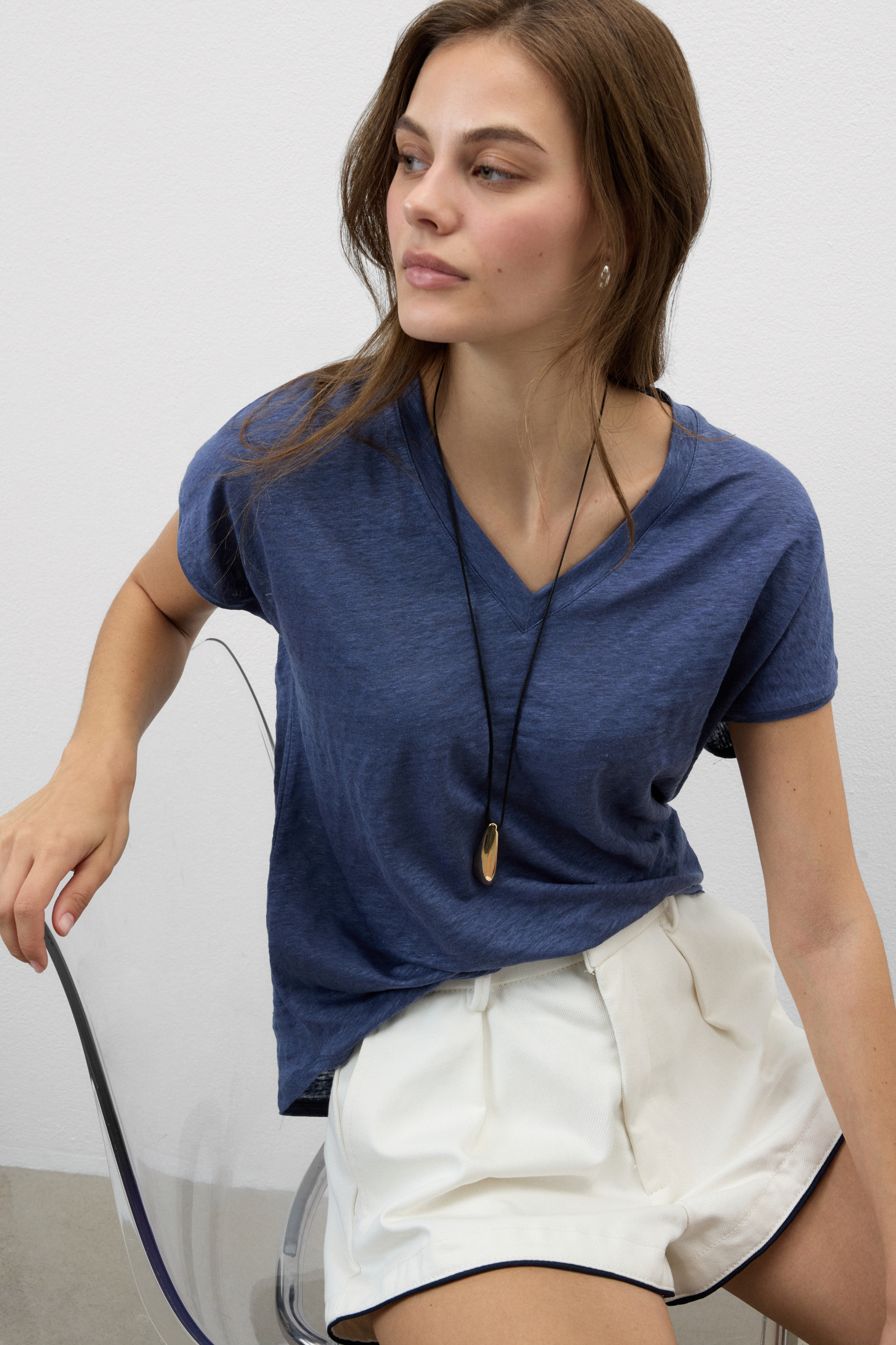 Maglia Manica Corta con Scollo a V in Lino The Pure Linen
