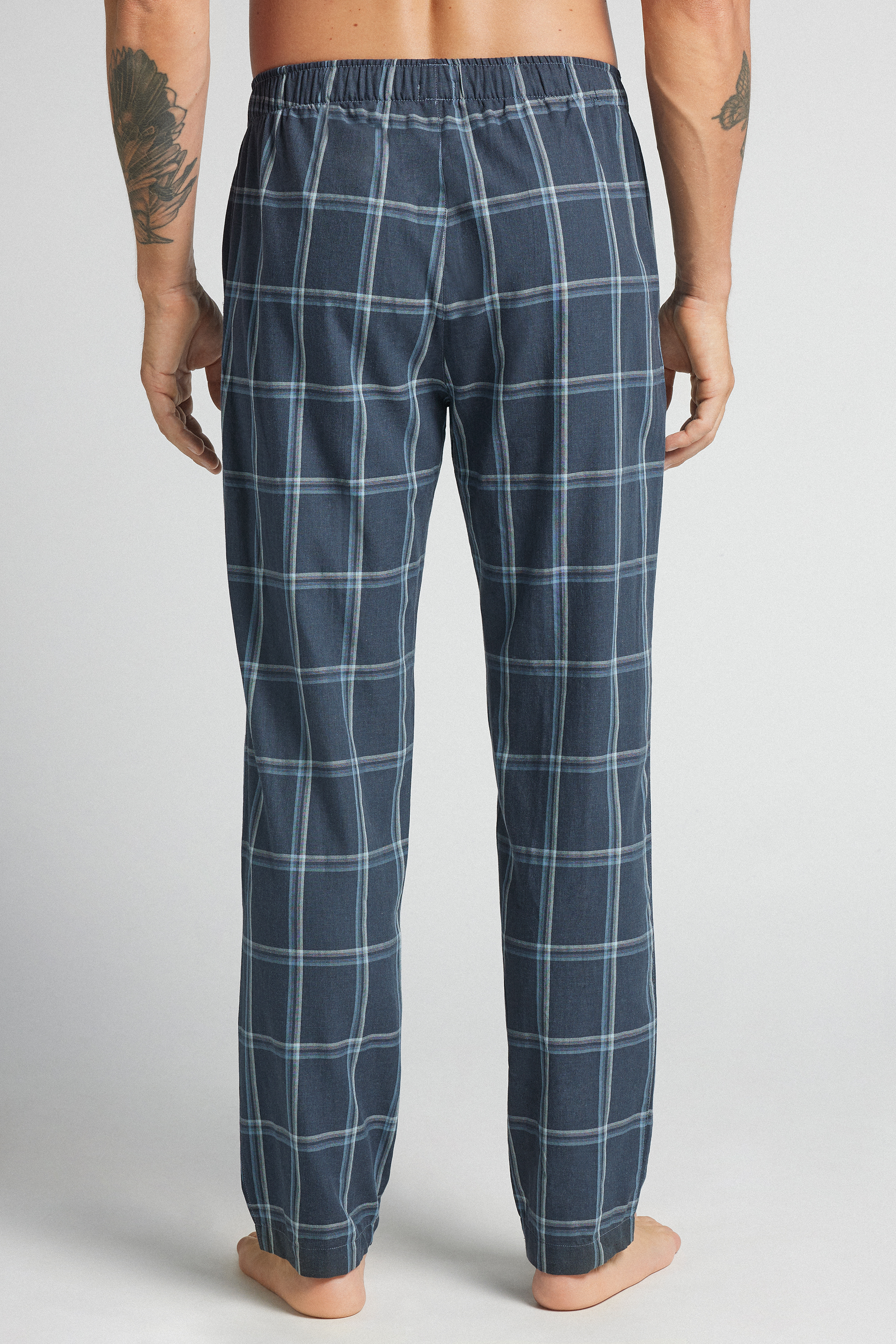 Pantalone Lungo in Tela Stampa Check Denim