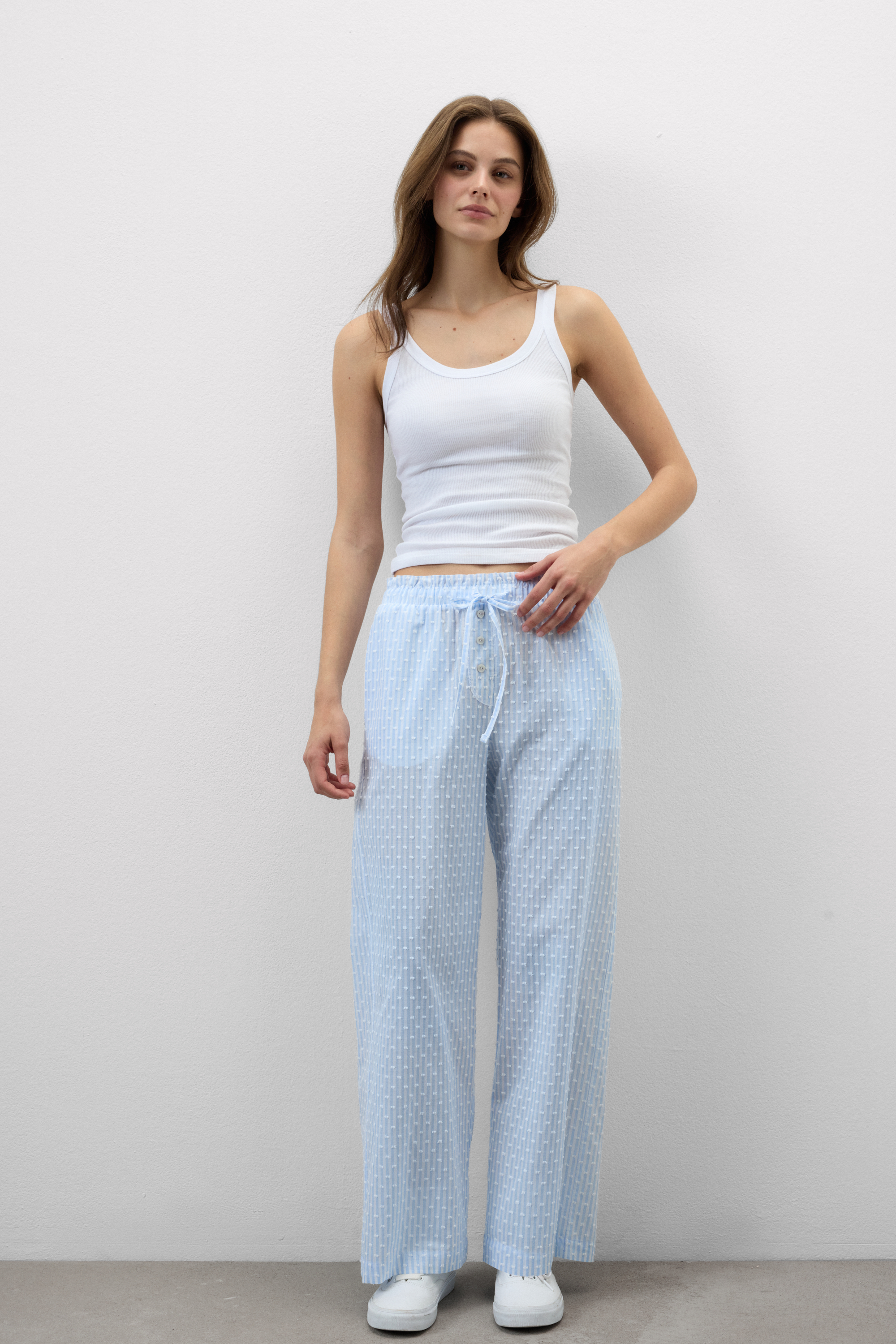Pantaloni in Tela di Cotone Plumetis Romantic Stripes