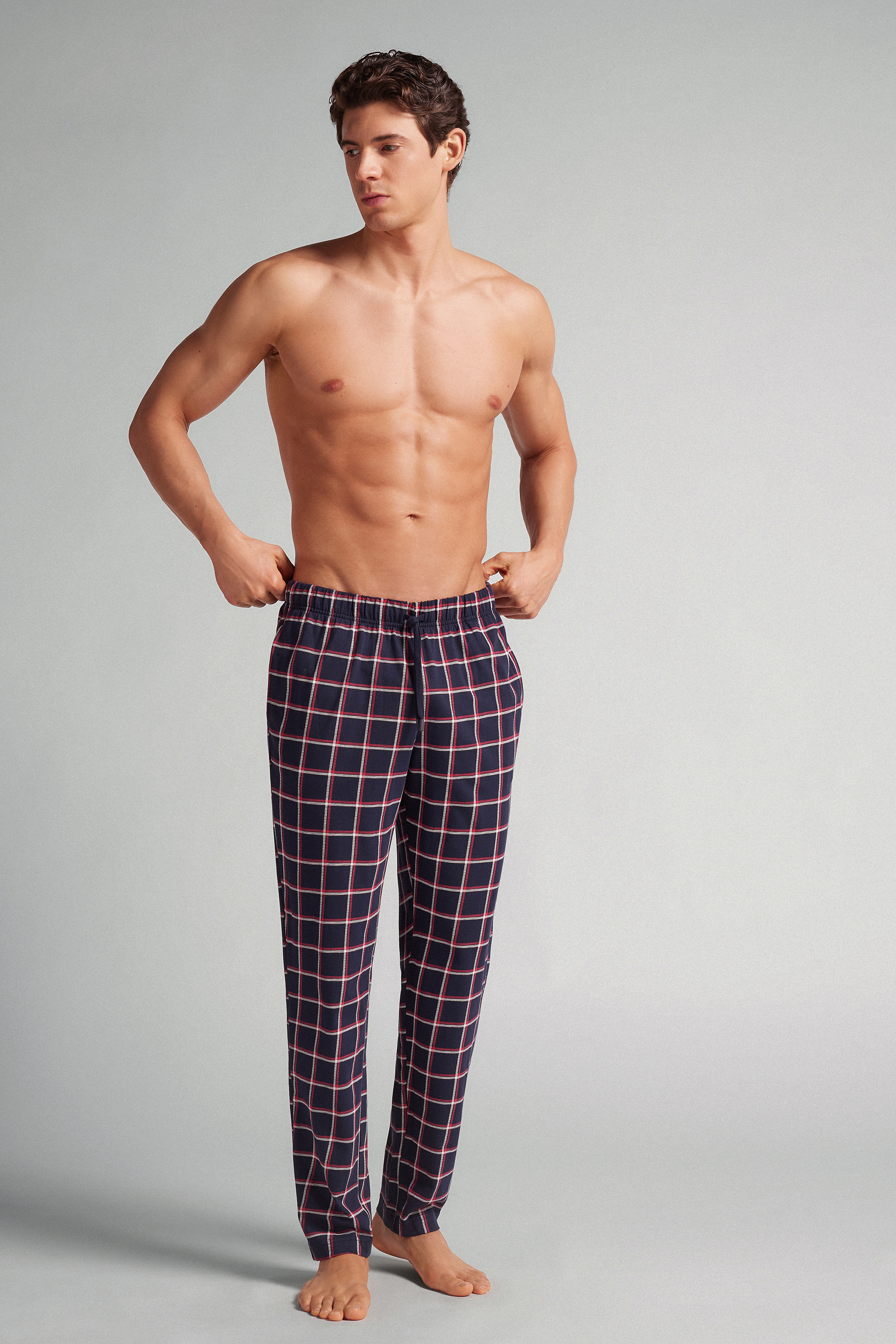Pantaloni Lunghi in Cotone Stampa Check Blu/Bianco/Rosso