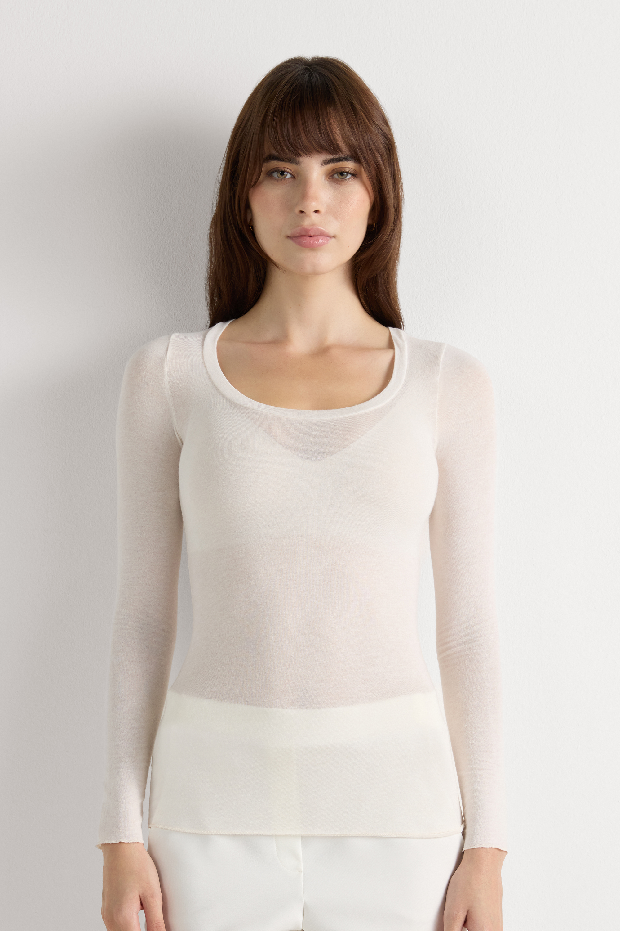 Maglia Manica Lunga Modal Ultralight con Cashmere Scollo Madonna